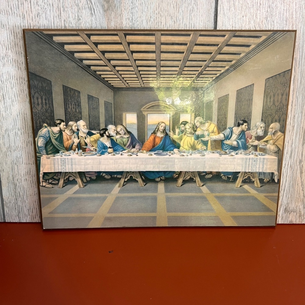 Vintage Last Supper Wall Art Religious Print on Wood Board 8x10 Jesus Disciples